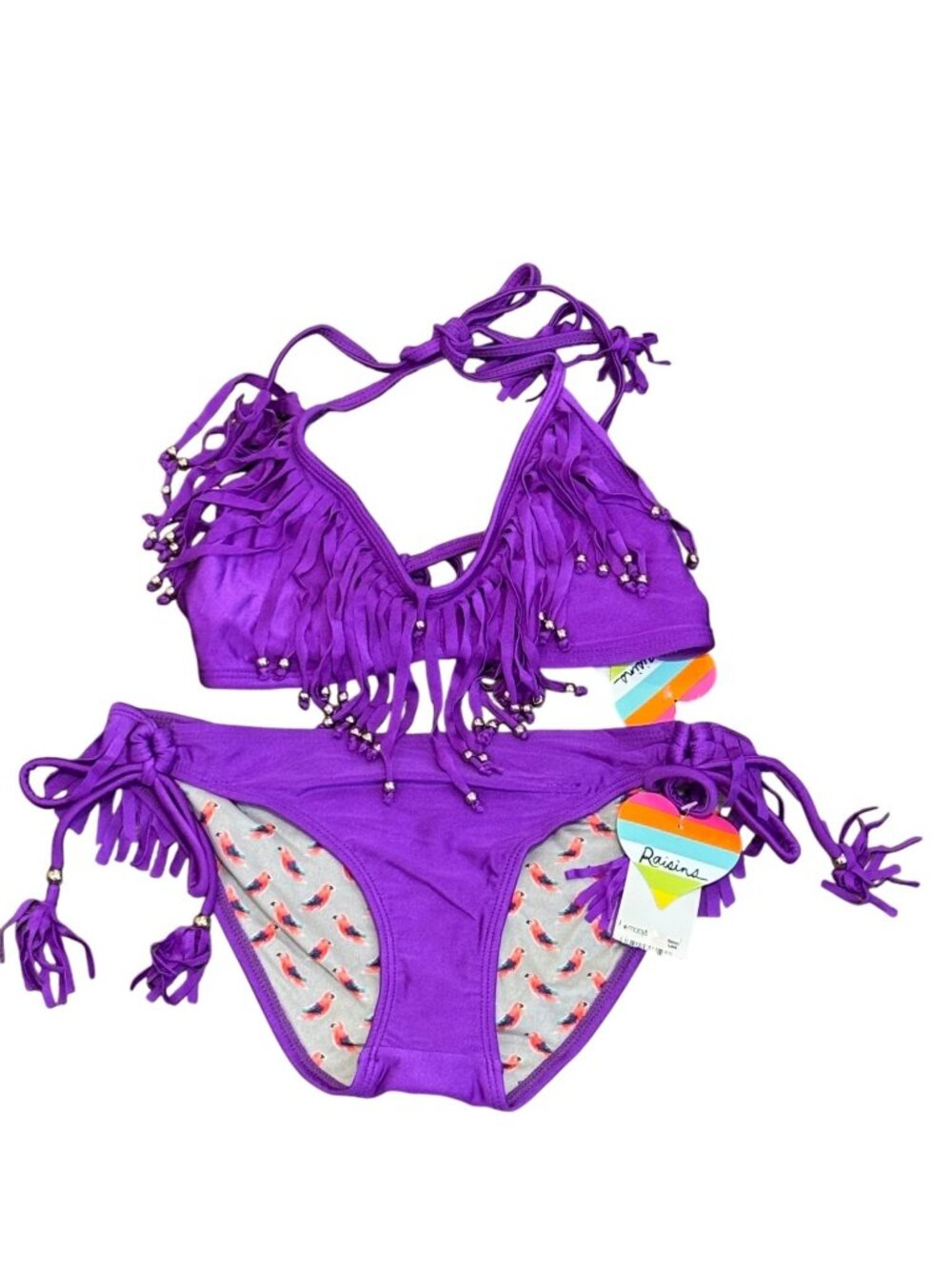 Raisins Purple Fringe Bikini Set With Beaded Accents & Parrot